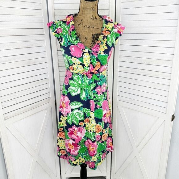 Lilly Pulitzer Clare Floral Ruff Trim Silk Jersey Knit Dress XS Gateway Garden - Picture 1 of 15